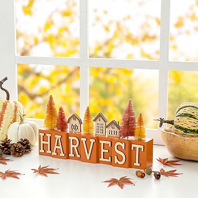 Glitzhome 14"L Harvest House & Brush Trees Table Decor, Wooden Tabletop Decoration for Fall Harvest