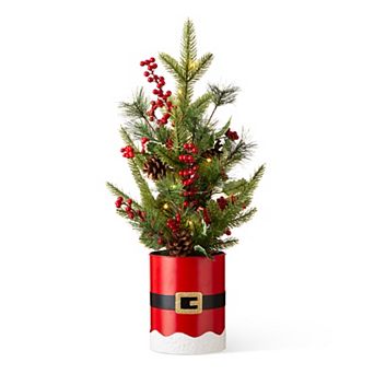Glitzhome 22" H Potted Mini Christmas Table Tree, Santa Belt Tabletop Christmas Tree Table Decor