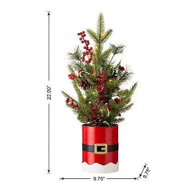 Glitzhome 22" H Potted Mini Christmas Table Tree, Santa Belt Tabletop Christmas Tree Table Decor