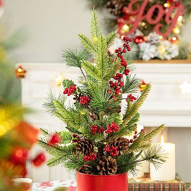 Glitzhome 22" H Potted Mini Christmas Table Tree, Santa Belt Tabletop Christmas Tree Table Decor