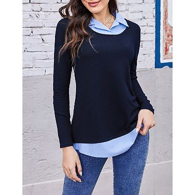 Women's Long Sleeve Contrast Collared Shirts Patchwork Work Blouse Tunics Tops