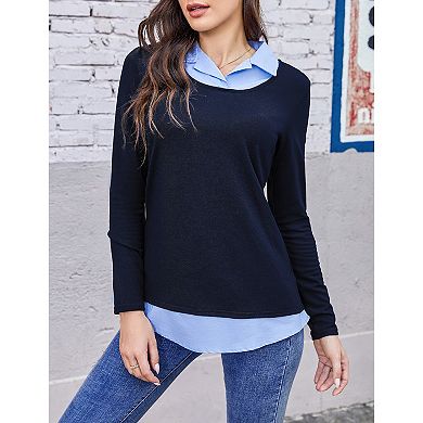 Women's Long Sleeve Contrast Collared Shirts Patchwork Work Blouse Tunics Tops