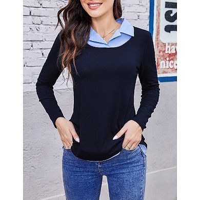 Women's Long Sleeve Contrast Collared Shirts Patchwork Work Blouse Tunics Tops