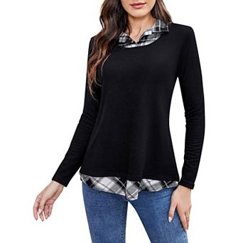 Women's Long Sleeve Contrast Collared Shirts Patchwork Work Blouse Tunics Tops