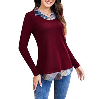 Women's Long Sleeve Contrast Collared Shirts Patchwork Work Blouse Tunics Tops