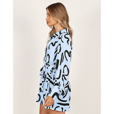 Women's Collar V Neck Button Down Long Sleeve Mini Shirt Dress with Belt