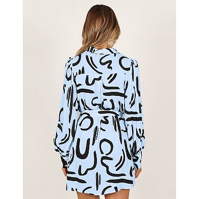 Women's Collar V Neck Button Down Long Sleeve Mini Shirt Dress with Belt
