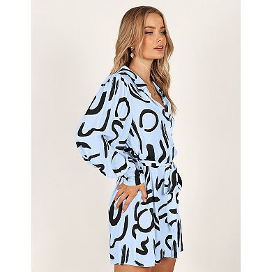 Women's Collar V Neck Button Down Long Sleeve Mini Shirt Dress with Belt