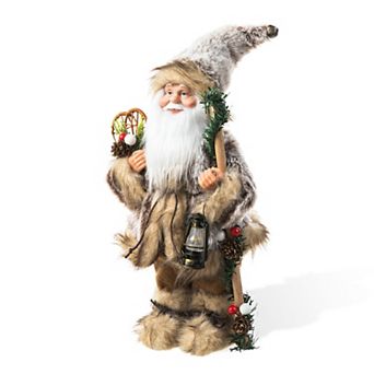 Glitzhome 12"H Faux Fur Christmas Woodland Santa Figurine