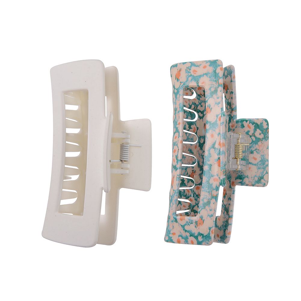 Emberly Matte Off White & Green Floral Print Hair Claw Clips Duo