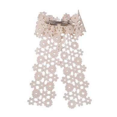 Emberly Wide White Flower Embroidery Fabric Bow Hair Clip