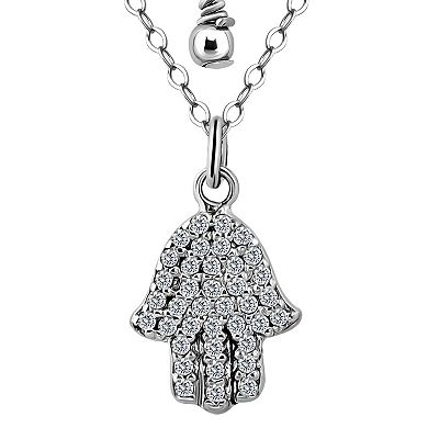 Aleure Precioso Sterling Silver Pave Cubic Zirconia Hamsa Hand Pendant Necklace