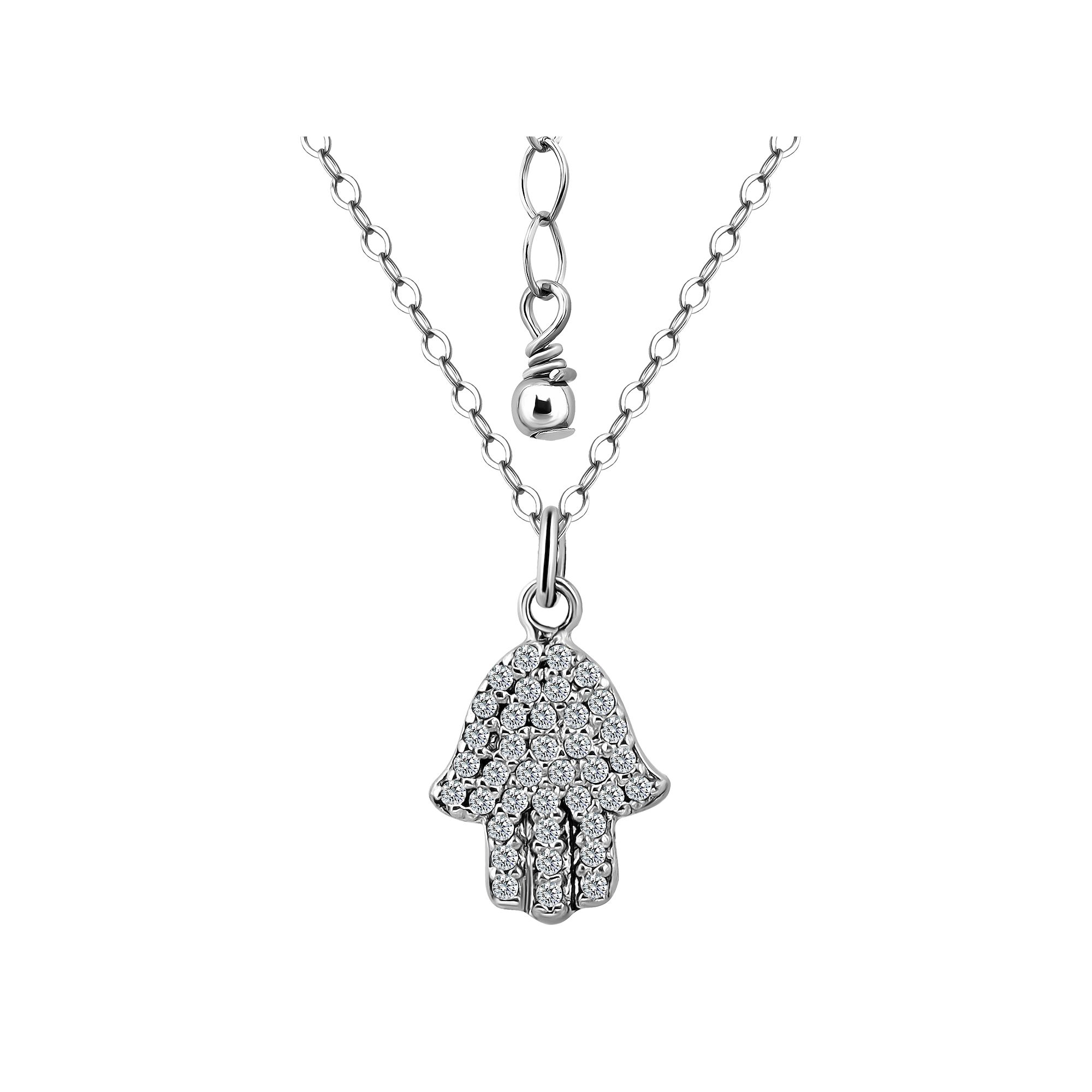 Aleure Precioso Sterling Silver Pave Cubic Zirconia Hamsa Hand Pendant Nec