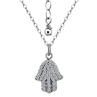 Aleure Precioso Sterling Silver Pave Cubic Zirconia Hamsa Hand Pendant Necklace