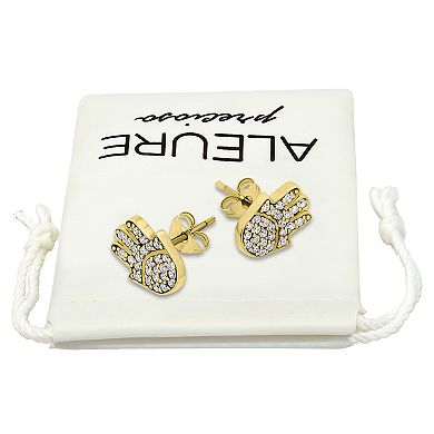Aleure Precioso Sterling Silver Pave Cubic Zirconia Hamsa Hand Stud Earrings