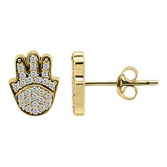 Aleure Precioso Sterling Silver Pave Cubic Zirconia Hamsa Hand Stud Earrings