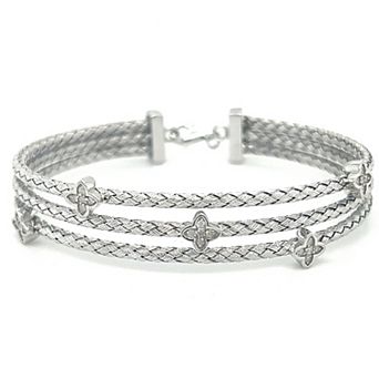 Meshmerise Sterling Silver 1/6 Carat T.W. Diamond Rope Texture Triple-Row Cuff Bracelet