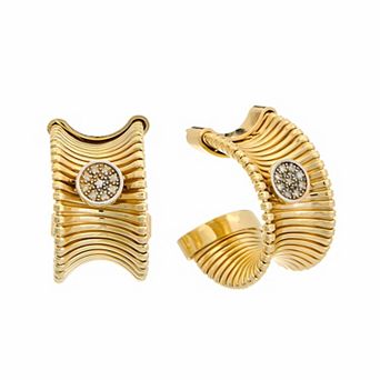 Meshmerise 18k Gold over Silver 1/10 Carat T.W. Diamond Ribbed Texture C-Hoop Earrings