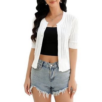 White Cardigan For Women Lightweight Sweaters Crew Neck Short Sleeve Cropped Bolero Shrugs Dressy