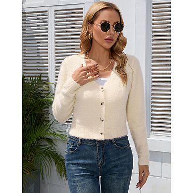 KOJOOIN women's short cardigan V-neck long sleeve soft knit ribbed short top shawl sweater