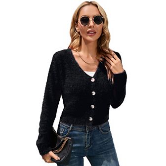 KOJOOIN women's short cardigan V-neck long sleeve soft knit ribbed short top shawl sweater