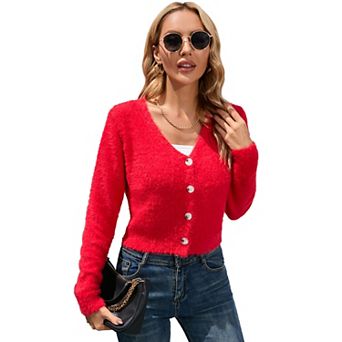 KOJOOIN women's short cardigan V-neck long sleeve soft knit ribbed short top shawl sweater