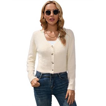 KOJOOIN women's short cardigan V-neck long sleeve soft knit ribbed short top shawl sweater