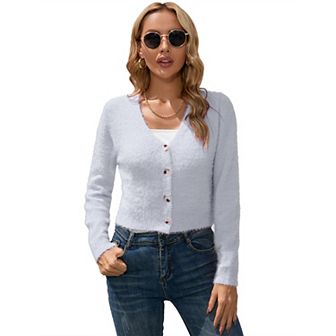 KOJOOIN women's short cardigan V-neck long sleeve soft knit ribbed short top shawl sweater