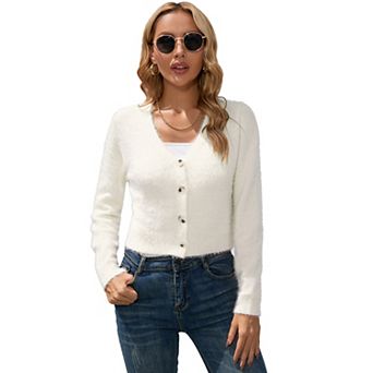 KOJOOIN women's short cardigan V-neck long sleeve soft knit ribbed short top shawl sweater