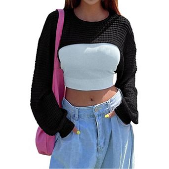 Women's Knitted Crop Top Long Sleeve Hollow Out Shrug Sweater Y2k Knit Cover Up Tops