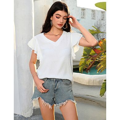 Women Trendy Tops Cap Sleeve V Neck Swiss Dot Chiffon Blouse Flowy Loose Fitting Teen T-shirt