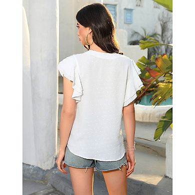Women Trendy Tops Cap Sleeve V Neck Swiss Dot Chiffon Blouse Flowy Loose Fitting Teen T-shirt