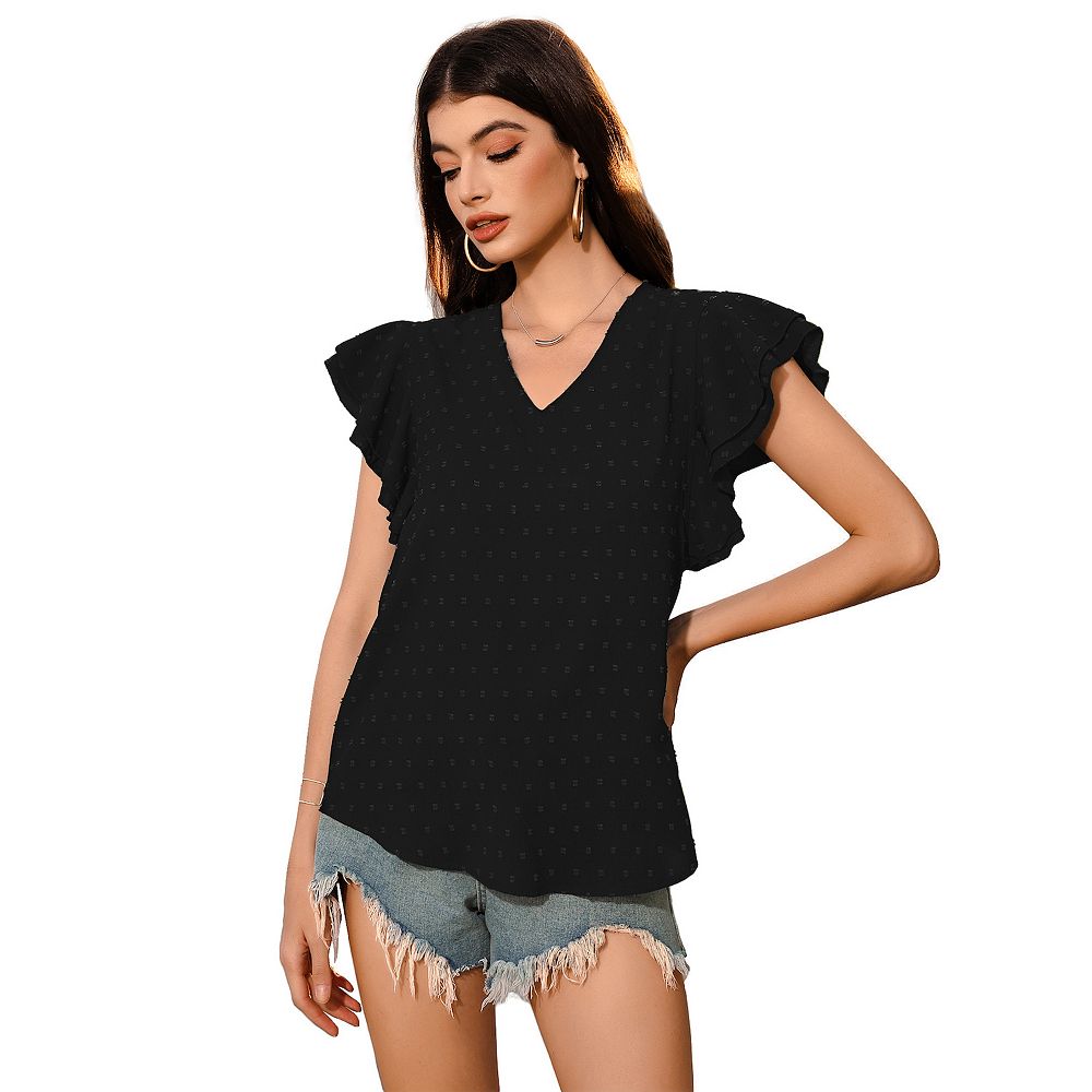 Women Trendy Tops Cap Sleeve V Neck Swiss Dot Chiffon Blouse
