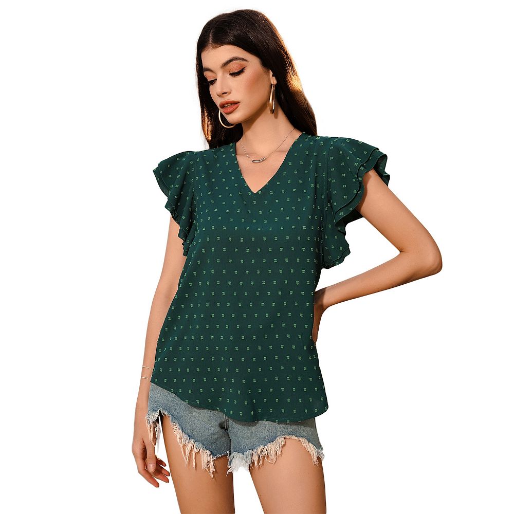 トップス GIUNON stretch frill blouse Women Trendy Tops Cap Sleeve V Neck Swiss Dot Chiffon Blouse