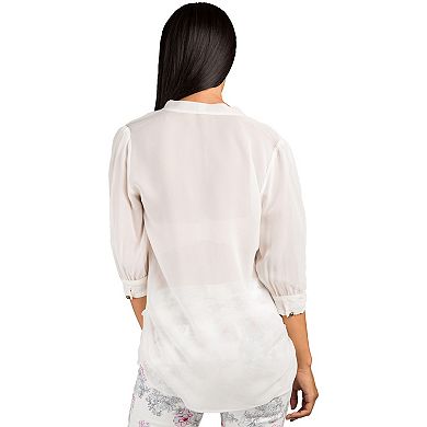 Women's Curvy Fit 100% Silk Georgette Front Tie Long Sleeve Blouse