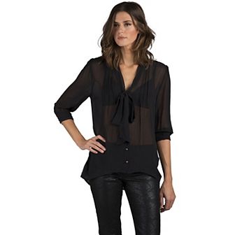 Women's Curvy Fit 100% Silk Georgette Front Tie Long Sleeve Blouse