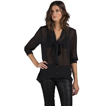 Women's Curvy Fit 100% Silk Georgette Front Tie Long Sleeve Blouse