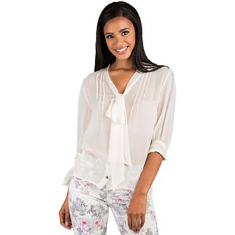Women's Curvy Fit 100% Silk Georgette Front Tie Long Sleeve Blouse