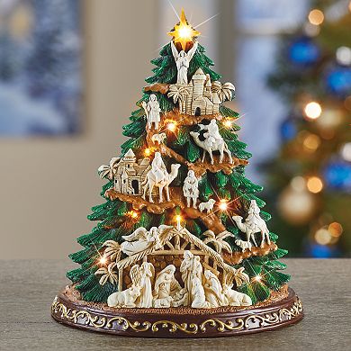 Collections Etc Hand-Painted Lighted Nativity Tree Tabletop Decoration