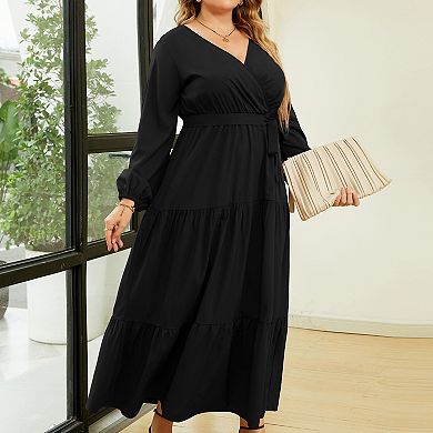 Women Plus Size V Neck Wrap Maxi Dress High Waist Ruffle Summer Casual Dress with Belt Long Sleeve