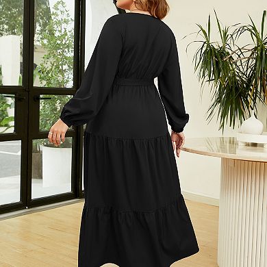 Women Plus Size V Neck Wrap Maxi Dress High Waist Ruffle Summer Casual Dress with Belt Long Sleeve