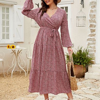 Women Plus Size V Neck Wrap Maxi Dress High Waist Ruffle Summer Casual Dress with Belt Long Sleeve