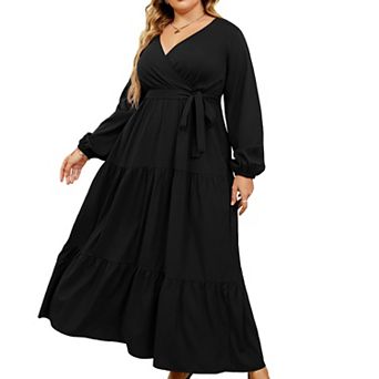 Women Plus Size V Neck Wrap Maxi Dress High Waist Ruffle Summer Casual Dress with Belt Long Sleeve