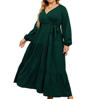 Women Plus Size V Neck Wrap Maxi Dress High Waist Ruffle Summer Casual Dress with Belt Long Sleeve