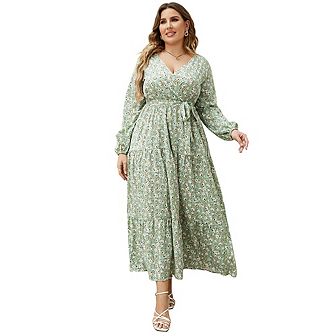 Women Plus Size V Neck Wrap Maxi Dress High Waist Ruffle Summer Casual Dress with Belt Long Sleeve