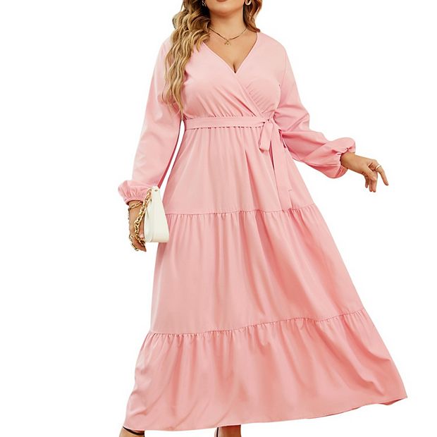 Women Plus Size V Neck Wrap Maxi Dress High Waist Ruffle