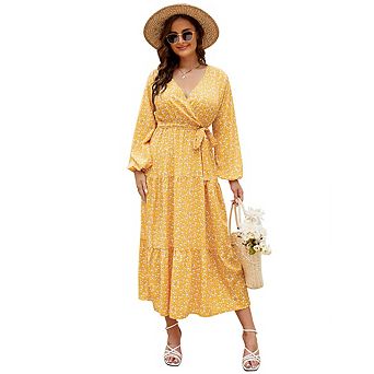 Women Plus Size V Neck Wrap Maxi Dress High Waist Ruffle Summer Casual Dress with Belt Long Sleeve
