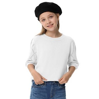 Kids White Crewneck Knit Sweater - Cute Fall Pullover for Girls 5-14 Years