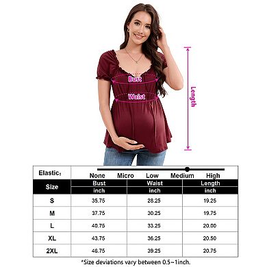 Maternity Short Puff Sleeve Blouse Summer Ruffle Trim Tied Square Neck Pregnancy Top