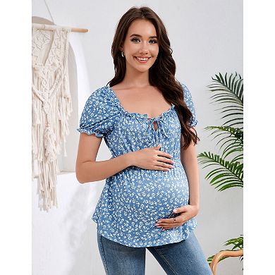 Maternity Short Puff Sleeve Blouse Summer Ruffle Trim Tied Square Neck Pregnancy Top